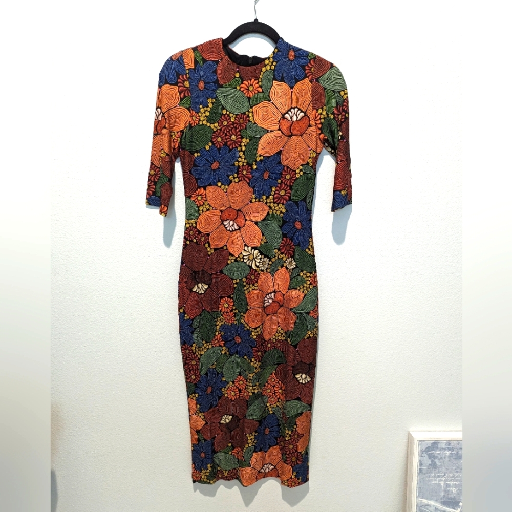 Black Stitched Flowers Lenzing Ecovero Viscose Midi Dress